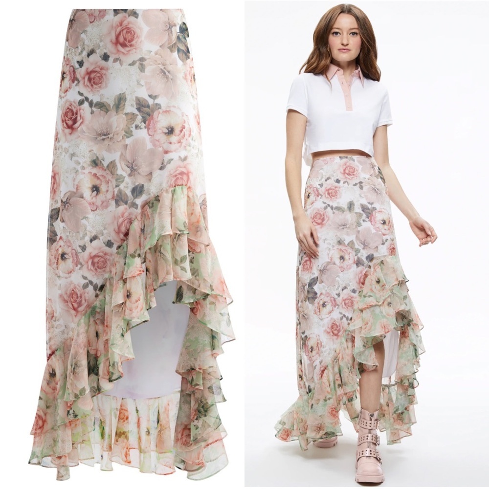 Alice + Olivia Braylee Asymmetric Floral Rose Ruffle Slip Skirt - 2